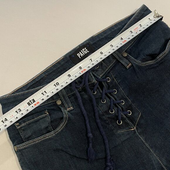 ~ PAIGE 31 Colette Flare Jeans* Stretch Women's Dark Blue Wash Lace Up Front HTF - Picture 6 of 13